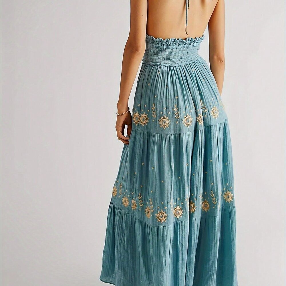 Blue Boho Women's Floral Maxi Beach Sundress - Picture 2 of 8